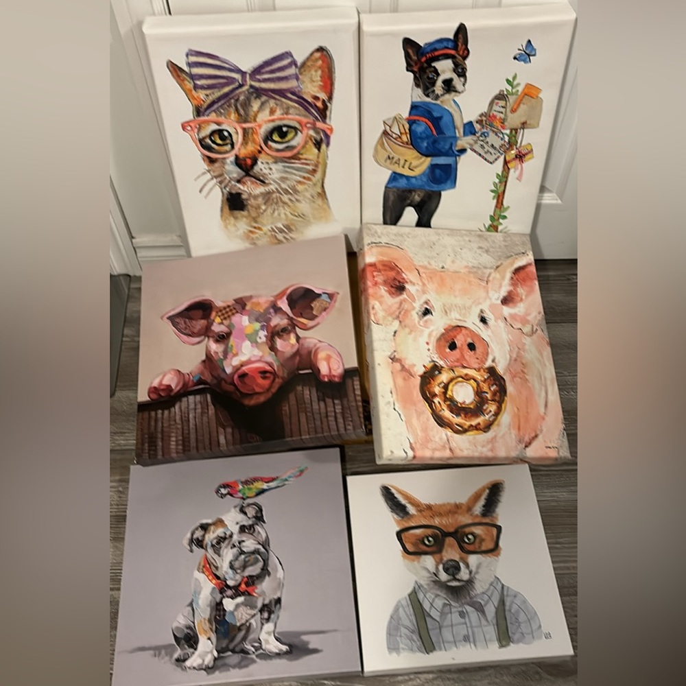 Pig, Dog and Cat canvas picture lot of 6